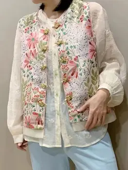 2023 novi kitajski slog top tangsuit slog brezrokavnik ženske nacionalni retro slogu gumb modi cvetlični ženske jacquardske telovnik plašč