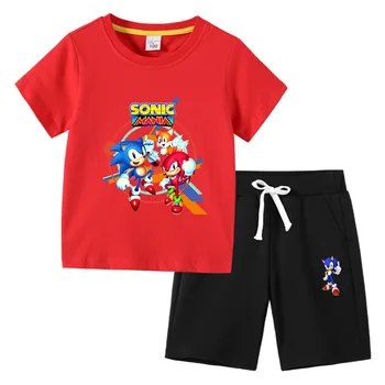 2023 Poletje Nova otroška T-shirt Sonic korejska Različica Bombaž otroška Kratka sleeved Hlače Obleko, dvodelno,