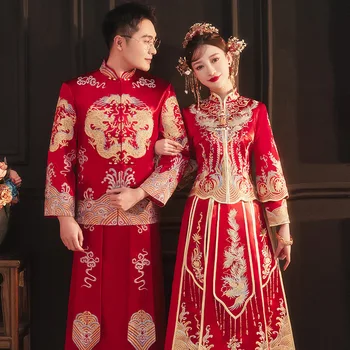 Poročna Obleka Zlate Vezenine Tradicionalna Kitajska Oblačila Za Moške, Ženske Klasičnih Cheongsam Kitajska Qipao костюм для восточных