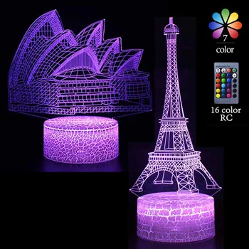 Svetovno Znane Zgradbe 3D Model Svetilke, Pariz, Eifflov Stolp, Sydney Opera House LED Nočna Lučka otroški Sobi Doma Okraski Darilo