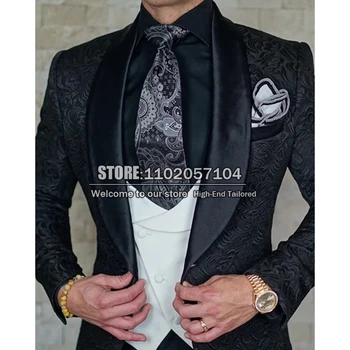 Jacquard Črni Moški Poroka Obleke 2022 Italijanski Dizajn Po Meri Narejene Kajenje Poslovnih Jopičem Jakno 3 Kos Ženina Kostum Homme