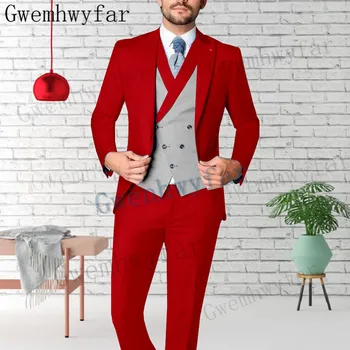 Gwenhwyfar Športna Eleganca 2 Kosa (Suknjič+Hlače) Rdeča Moških Obleko Slim Fit Ženina Jopičem Moda Po Meri Poroka Obleke Maturantski Jopič