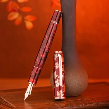 Novo Hongdian N8 Nalivno Pero, Rdeče Akrilne Smole Maple Leaf Carving Skp EF/F Nib Trim Nemoteno Pisanje Pero S Pretvornikom, Darila Pisala