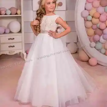 Čipke Princesa Roža Punca Obleke 2024 Žogo Obleke Obhajilo Bele Obleke Za Deklice Haljo Mariage Enfant Fille