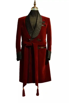 Kostum Homme Rdeče Dolgo Žamet Mens Obleke Dvojno Zapenjanje Večerja Suknjič Žamet Poroko Tuxedos Groomsman Plašč Jopič Samo 1 Kos