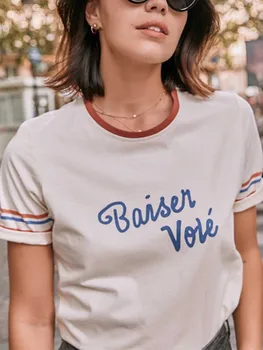 Umetnost Tiskanja Ženske T-Shirt Pomlad Summe Kratkimi Rokavi Ženske Naravnost Svoboden Vsestranski Tee Vrh R francoski Letnik