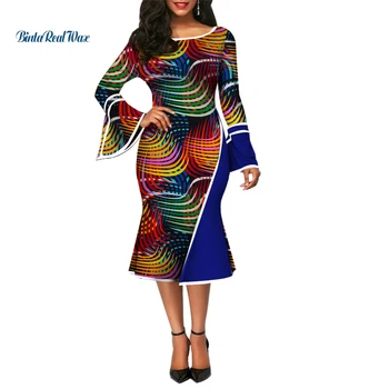 Afriške Obleke za Ženske Bazin Riche Vosek Tiskanja Mozaik Obleke Dashiki Afriški Stil Oblačil Ruffles Rokav Obleke WY3903