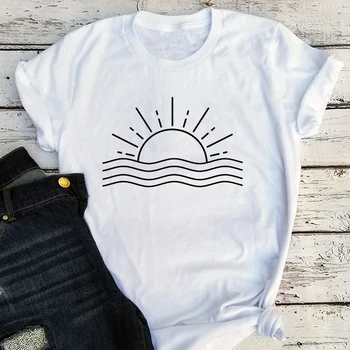 Retro Sonce Tee Ocean Grafični Tshirt Ženska Poletje Tee Sunrise Majica za Ženske Plaži Srajce Sunset Tshirt Boho