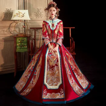 Yourqipao Težka Beaded Kitajski Poročne obleke Poročne Toast Oblačila Ženske Cheongsam Zmaj in Feniks Xiuhe Obleke Custume Kimono