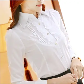 Bela Majica za Ženske z Dolgimi Rokavi korejske Modne Strokovne Jeseni Novo Puff Sleeve Majica Slim OL Bluzo 5XL