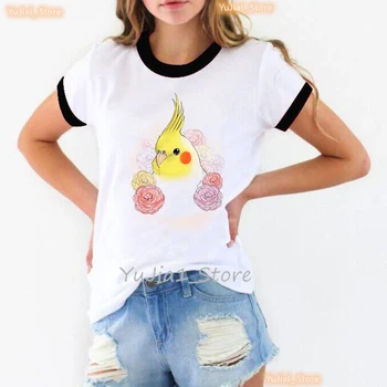 Akvarel Cockatiel Papiga Tiskanja Dekleta Tshirt Harajuku Kawaii Oblačila Ptica Ljubimec T Shirt Femme Belega T-Shirt Kratek Rokav