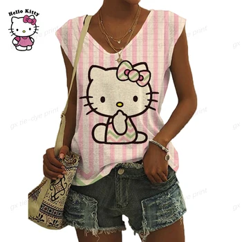 Poletje Novo Žensk V-neck Top Kratek Rokav T-majice Hello Kitty Tiskanja Priložnostne Lep Harajuku Vsestranski Y2K Oblačila Evropske
