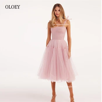 OLOEY Blush Pink Til Črto Čaj Dolžina Prom Obleke Prilagodljivih Trakov Ples Obleka Kratka Korzet Nazaj Formalno Stranko Oblek