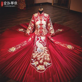 2022 Elegantno Pav Vezene Tassel Zmaj In Feniks Obleke Kitajsko Tradicionalno Poročno Obleko Za Ženske Klasične Neveste Cheongsam