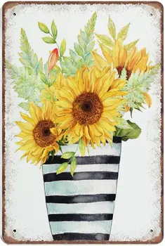 Šopek Sončnic Tin Znaki Vaza, Sončnic In Praproti Prijavite Poletni Cvetlični Smešno Letnik Kovinski Znak Plaqu Plakat Wall Art